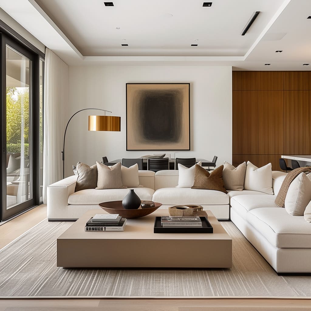 The living design and contemporary charm of the room create a design dialogue that fosters a tranquil environment