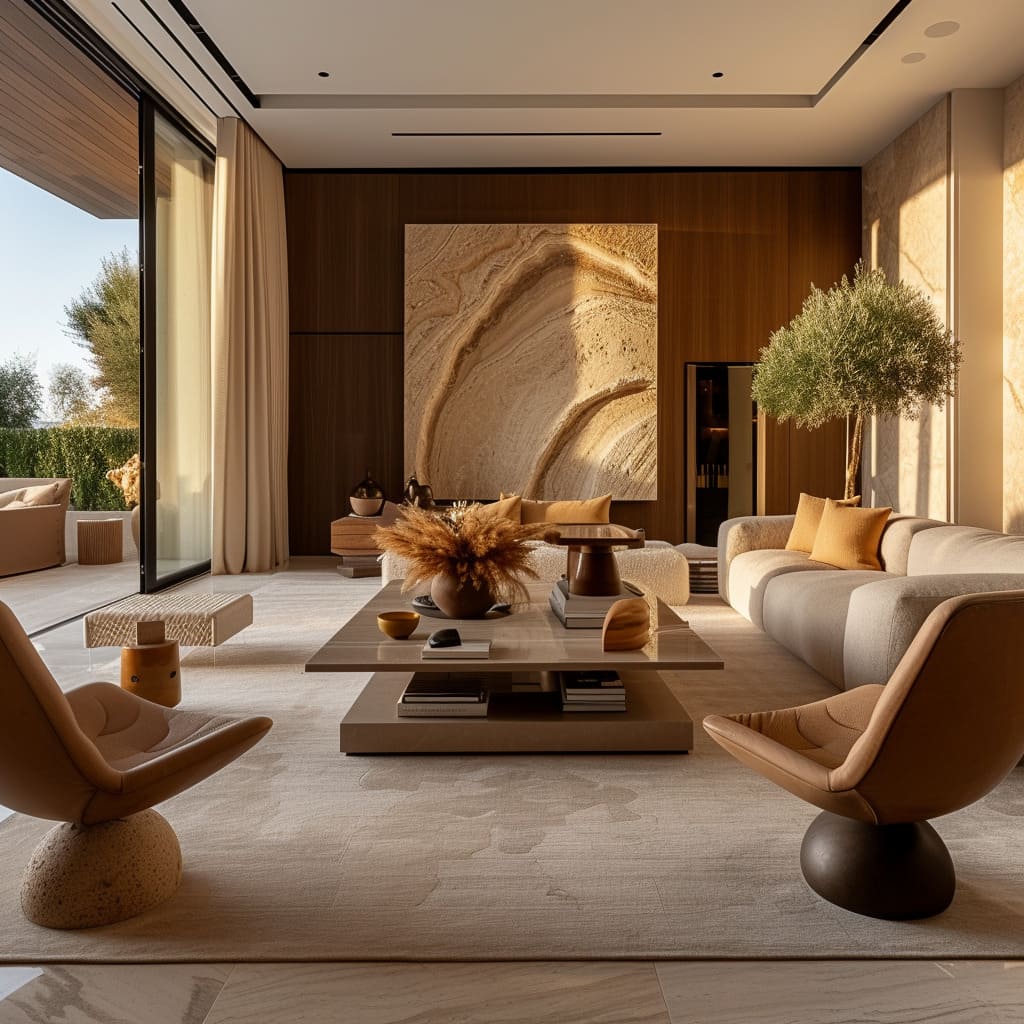 The living room features sophisticated home textures with versatile travertine applications