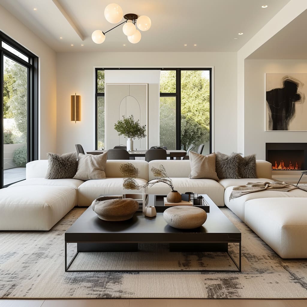 The living room interior design exudes home elegance and visual tranquility, with a focus on contemporary harmony