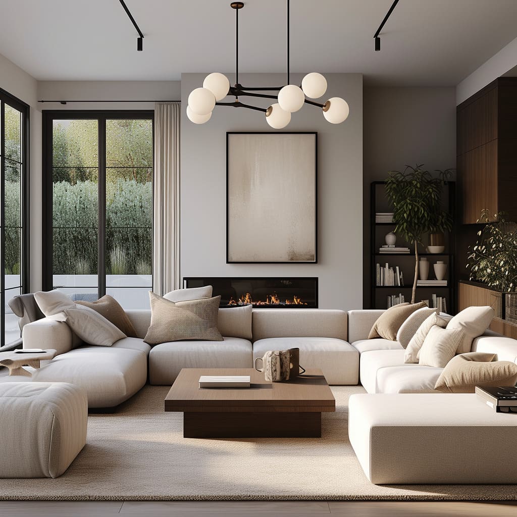The living room interior design prioritizes minimalism and quality for a serene atmosphere