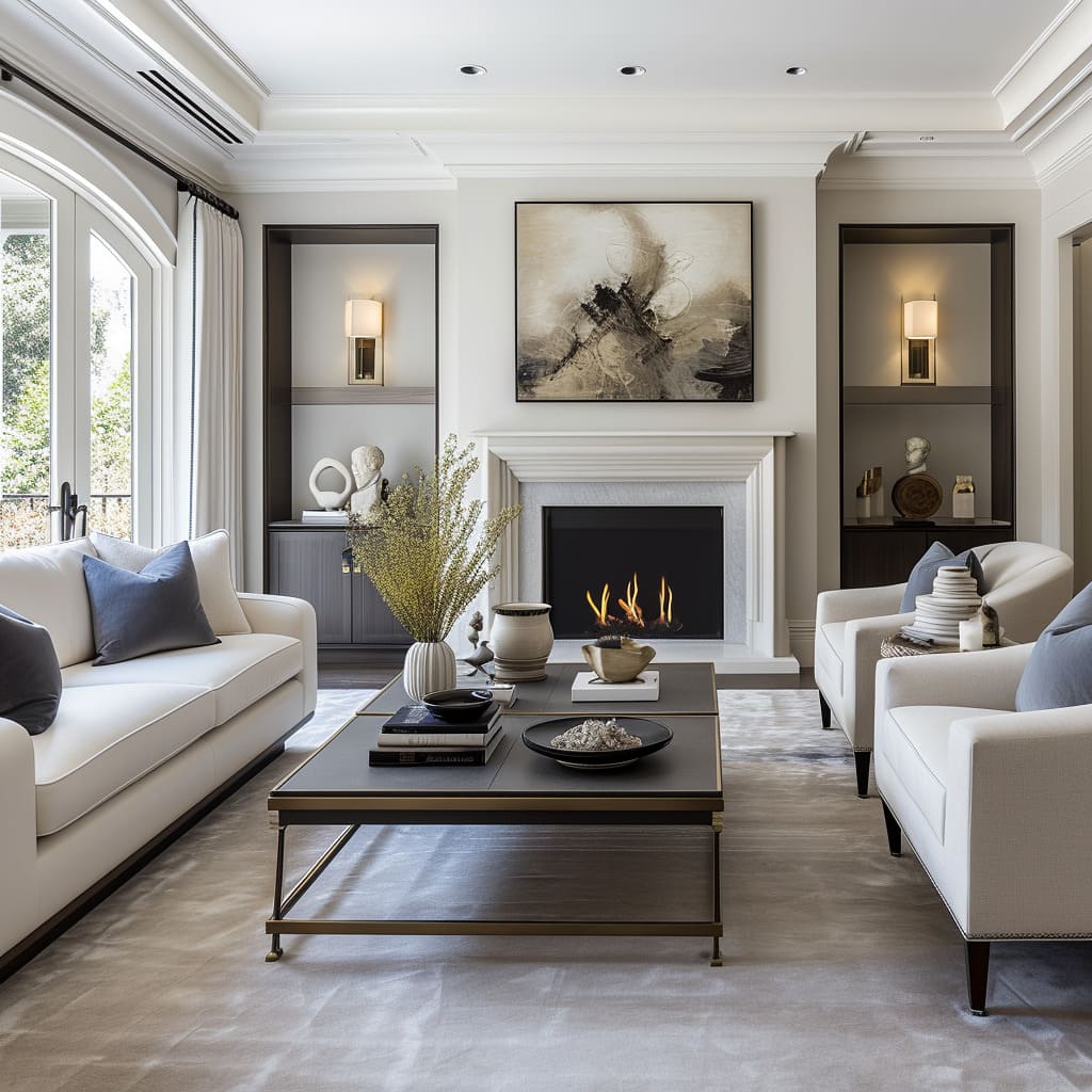 The living room showcases a transitional style with its unique furniture choices