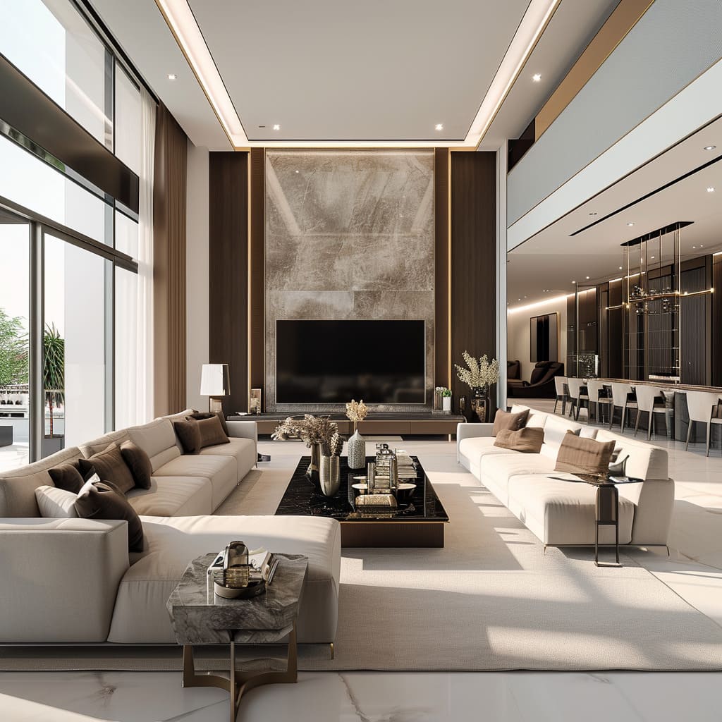 The living room's high-definition TV wall, adorned with marble wall panels featuring textured patterns