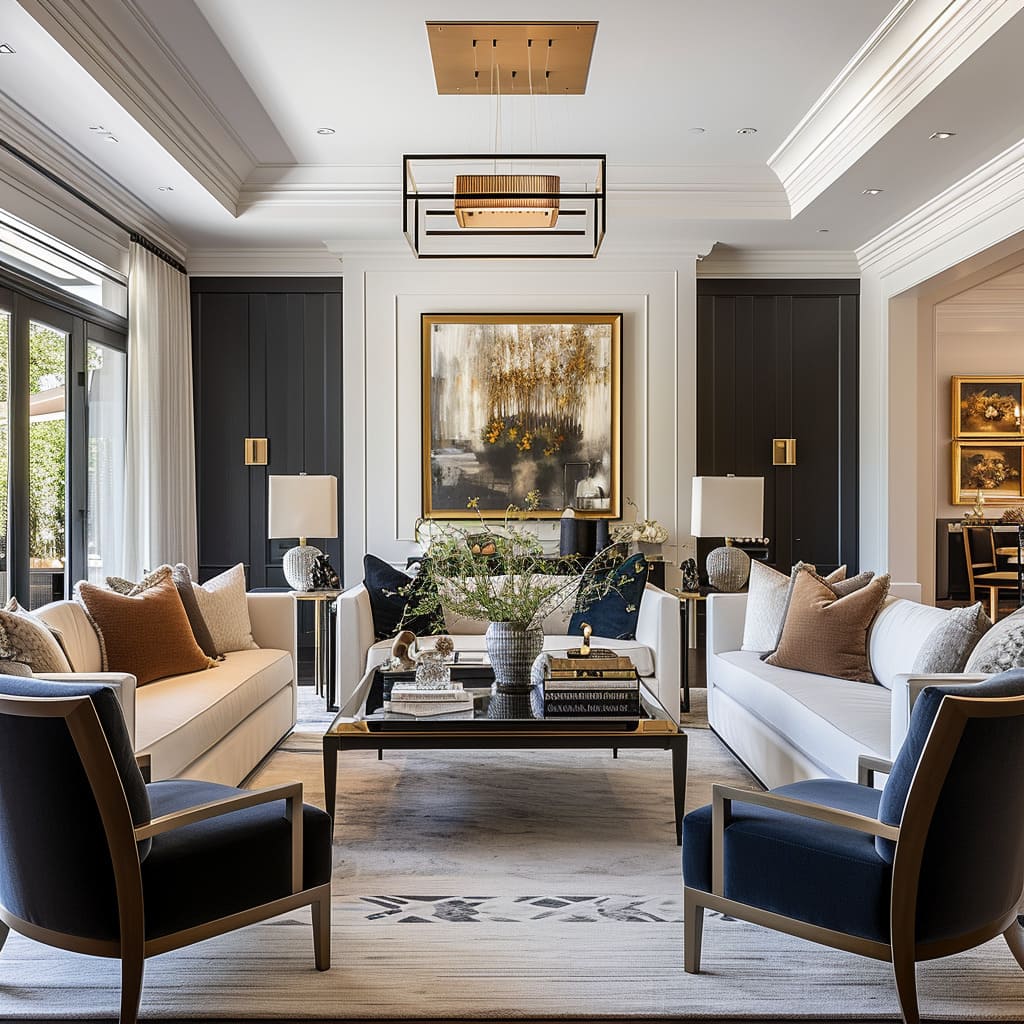 The living room's interior design incorporates neutral colors and sophisticated decor