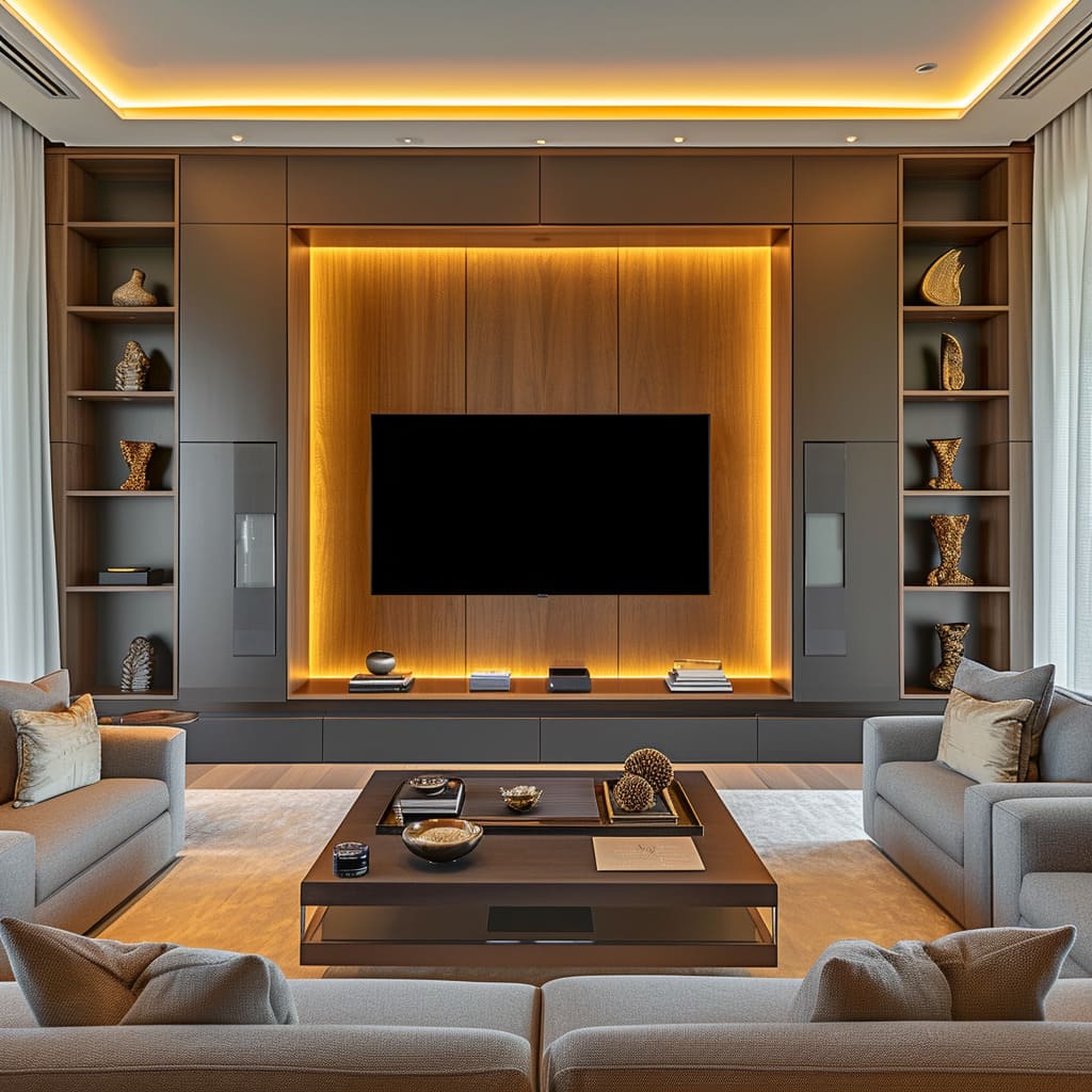 The lovely interior design incorporates modern TV wall units, creating a focal point with LED lighting