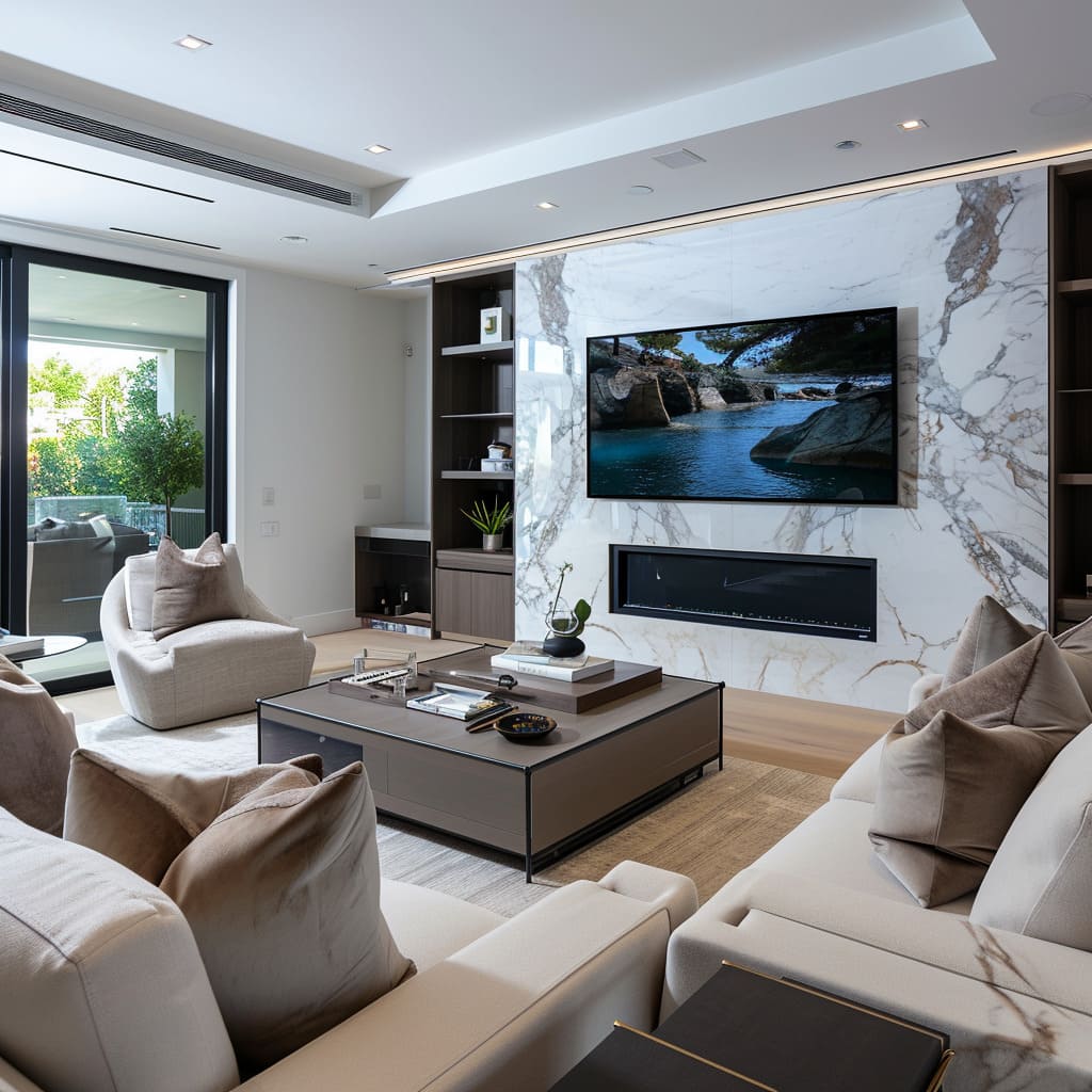 The marble TV wall design and soft furniture adding a touch of luxury to the integrated technology-infused design