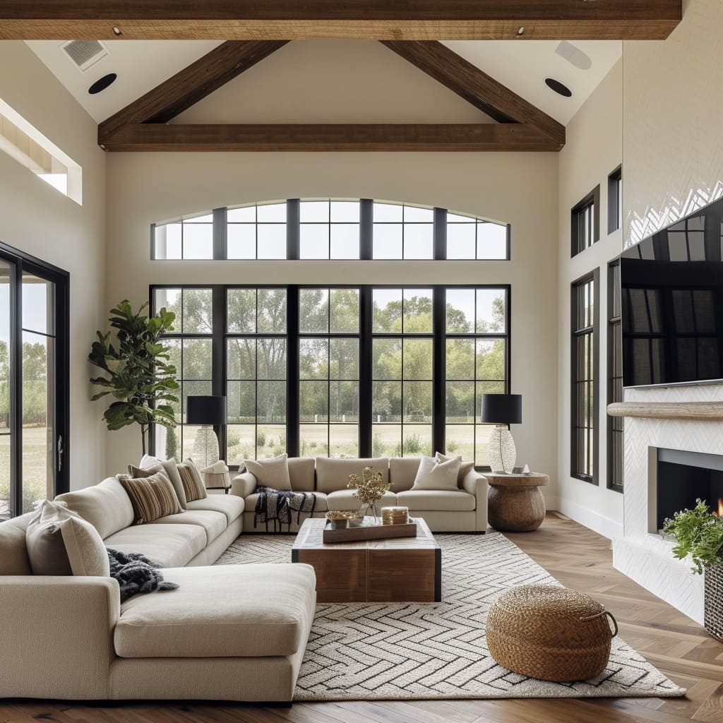 The minimalist decor in this contemporary farmhouse living room emphasizes comfort and style