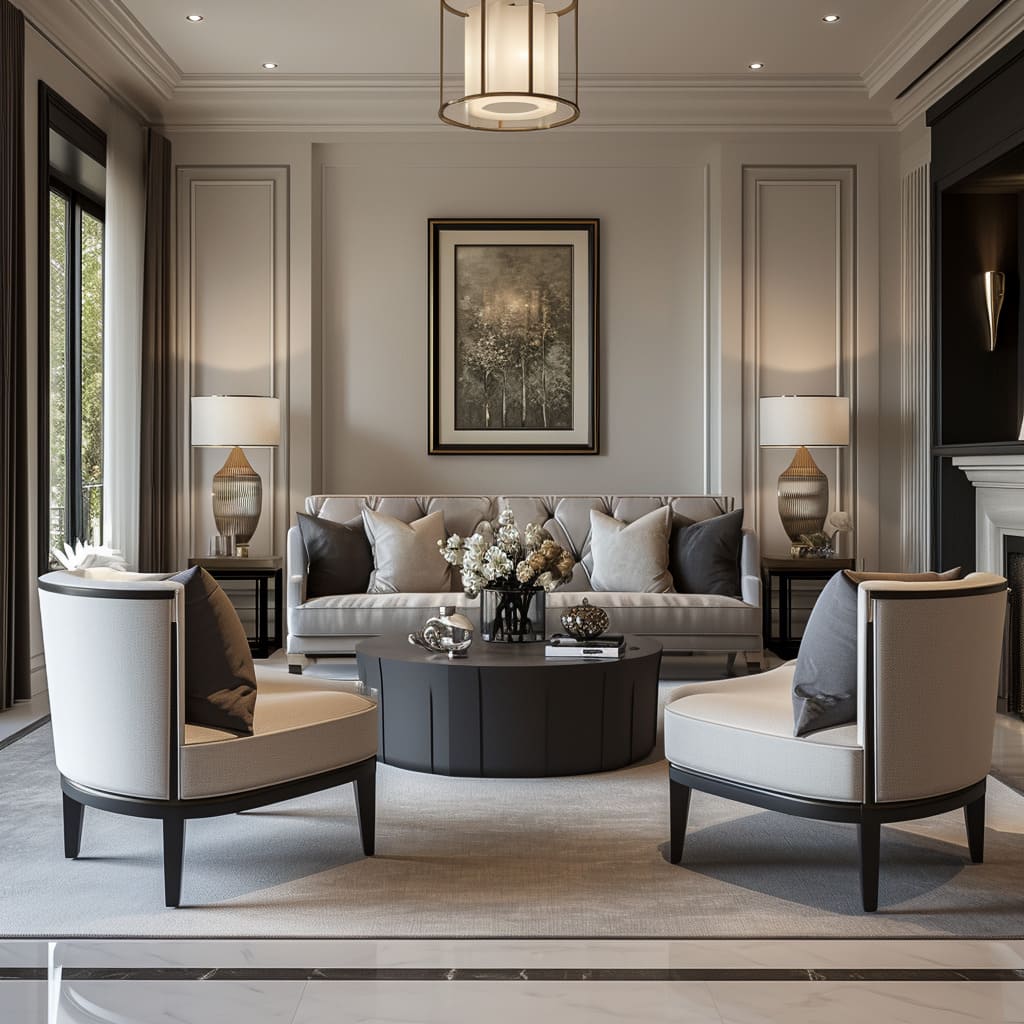 The modern classic living room showcases design integration with timeless appeal