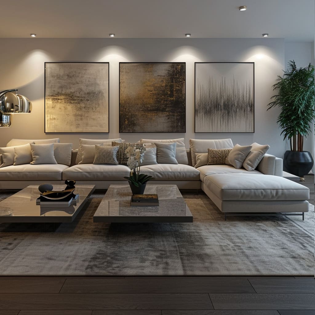 The neutral color palette and luxurious textures of the large sofa contribute to the overall serene atmosphere in this home sanctuary