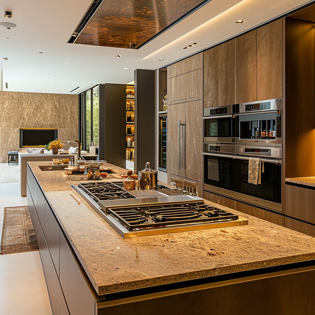 The neutral color palette in this luxury kitchen highlights the beauty of the marble surfaces