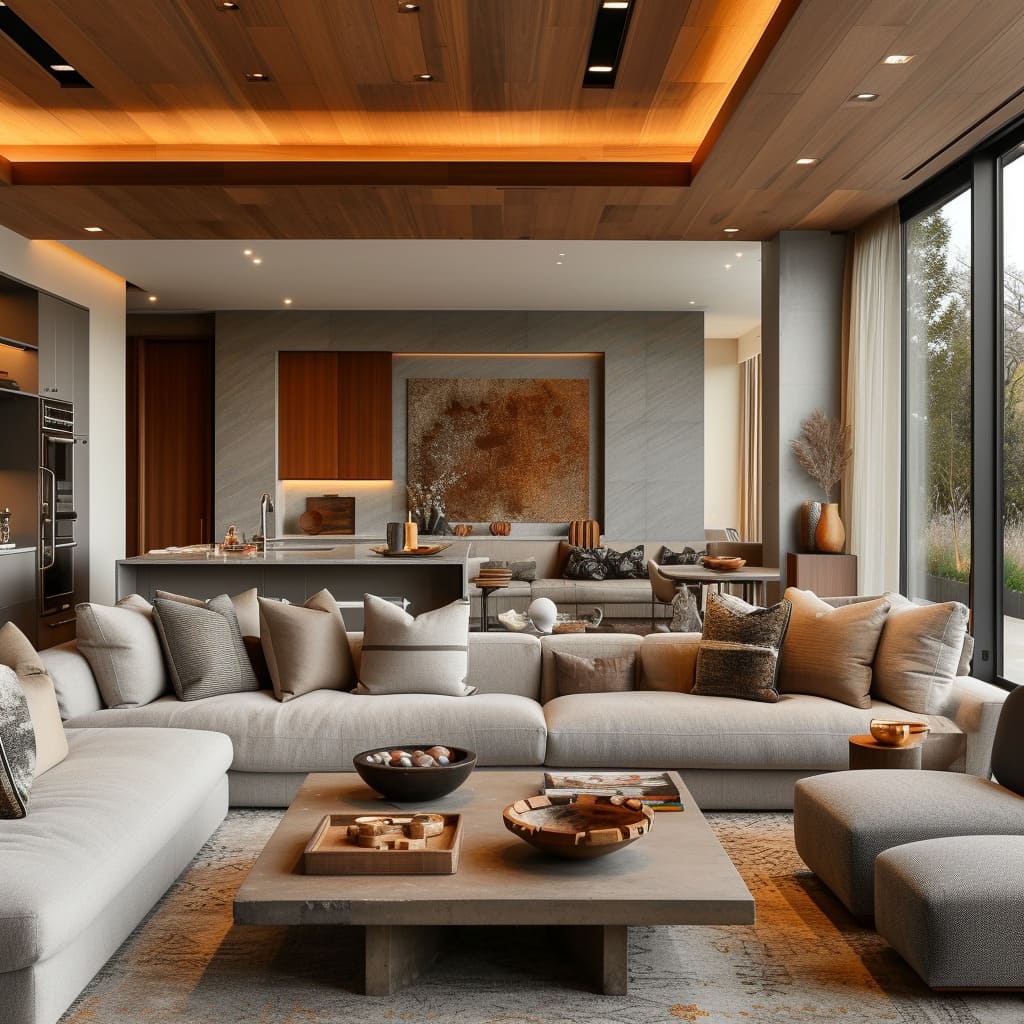 The neutral color scheme creates a tranquil space in this open-plan family room