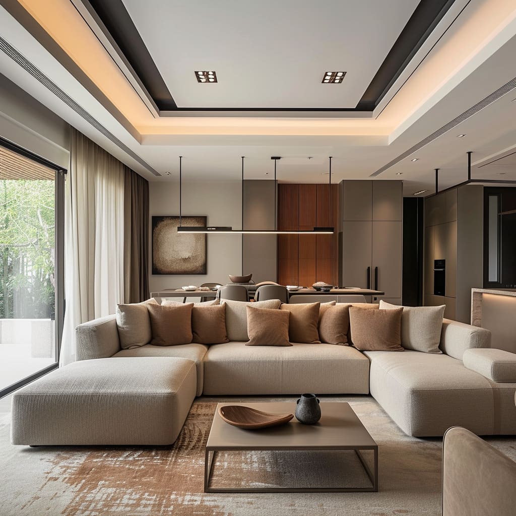 The open-concept design seamlessly blends elements, achieving modern elegance