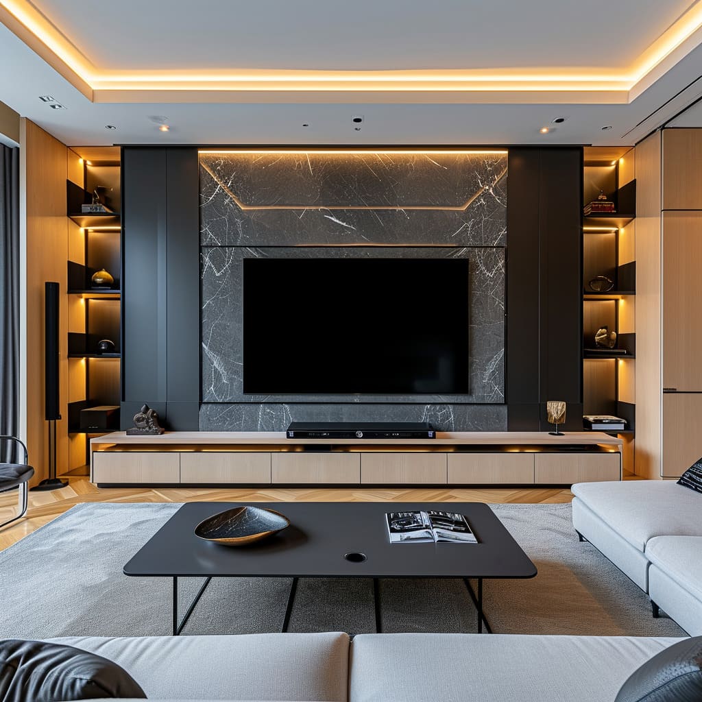 The rich interior design of this modern living room features a sleek TV wall unit, creating a luxurious ambiance