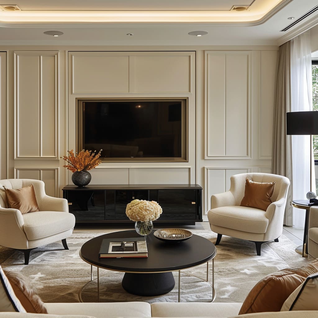 The room's timeless appeal is the result of a modern refinement and artistic expression