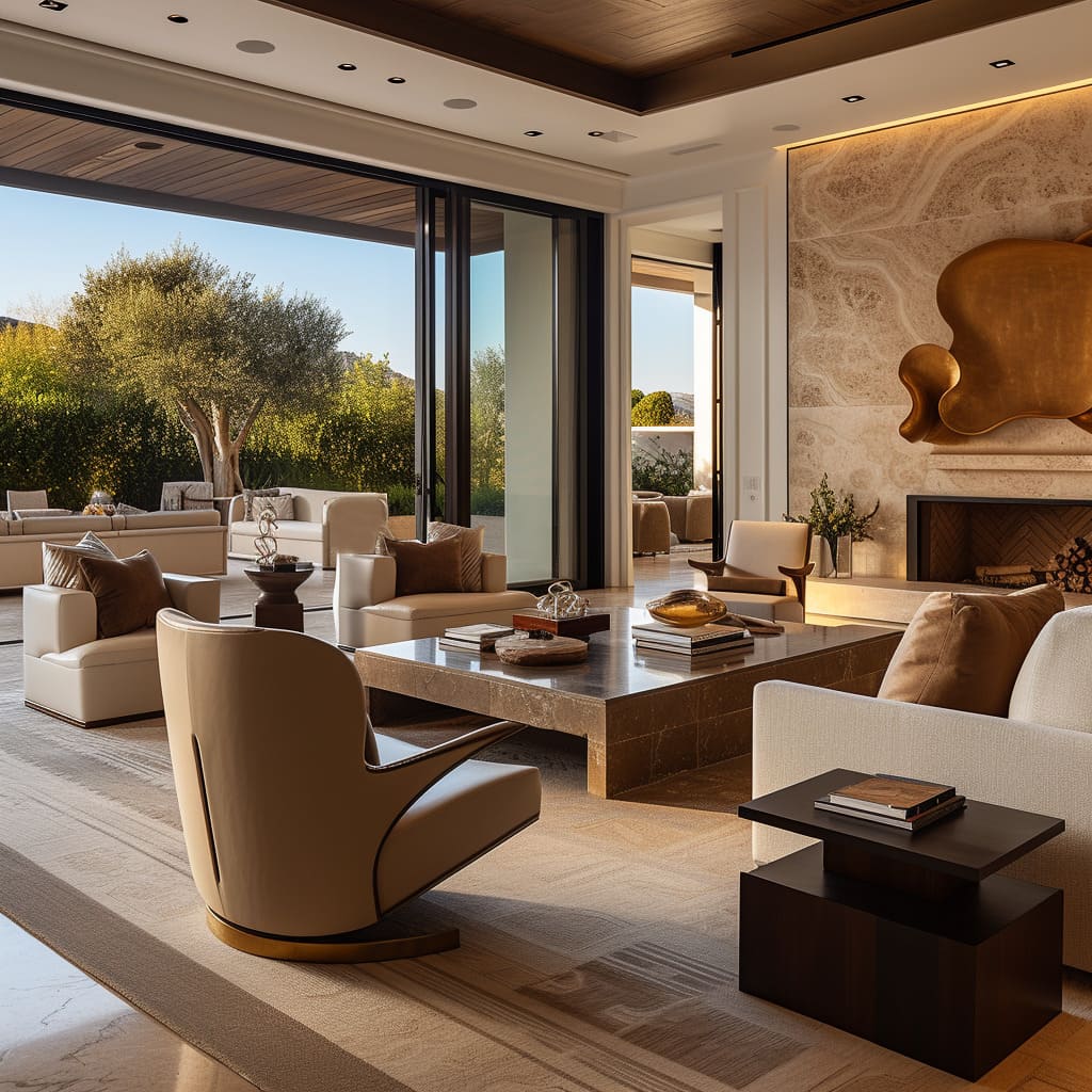 The rough-textured travertine adds a unique tactile experience to the living room