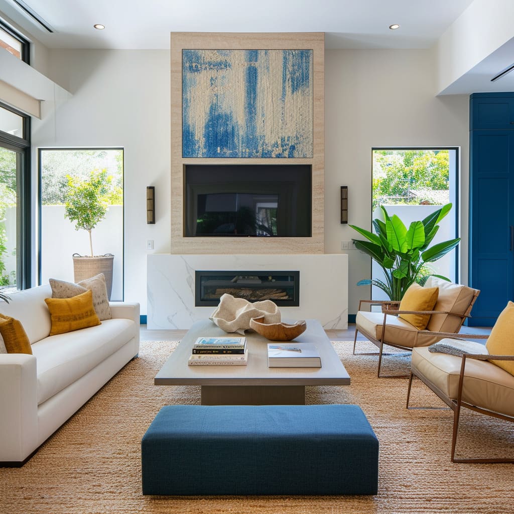 The sleek profile of the furniture and bold blues create a contemporary style that's both chic and comfortable