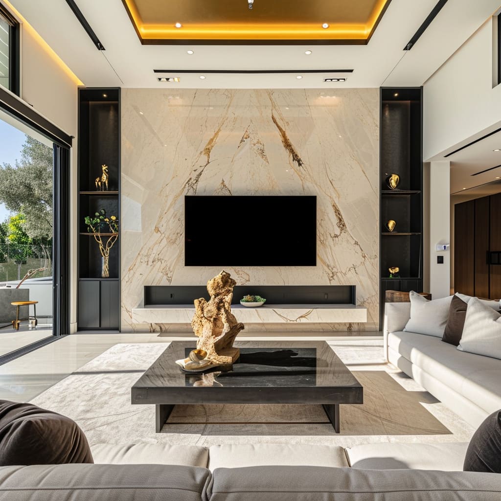 The spacious TV room's visual centerpiece, an artistic expression of design innovation