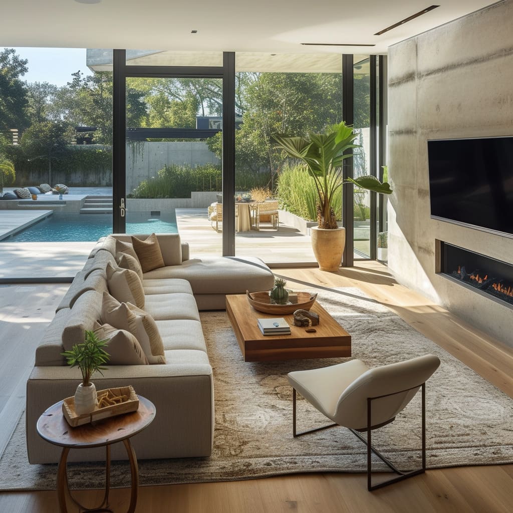 The spacious living room art decor enhances the contemporary aesthetics of the room