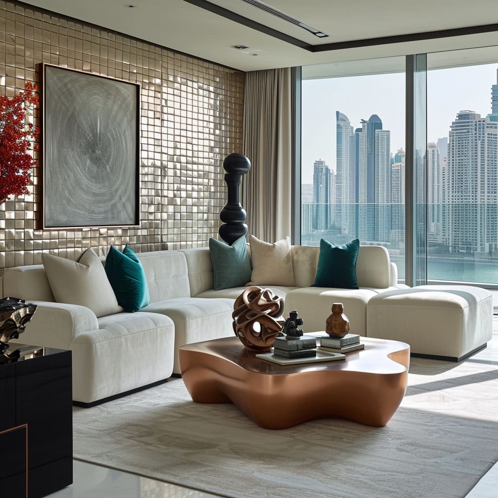 The strategic use of metallic finishes and artistic elements enhances the luxury of the space