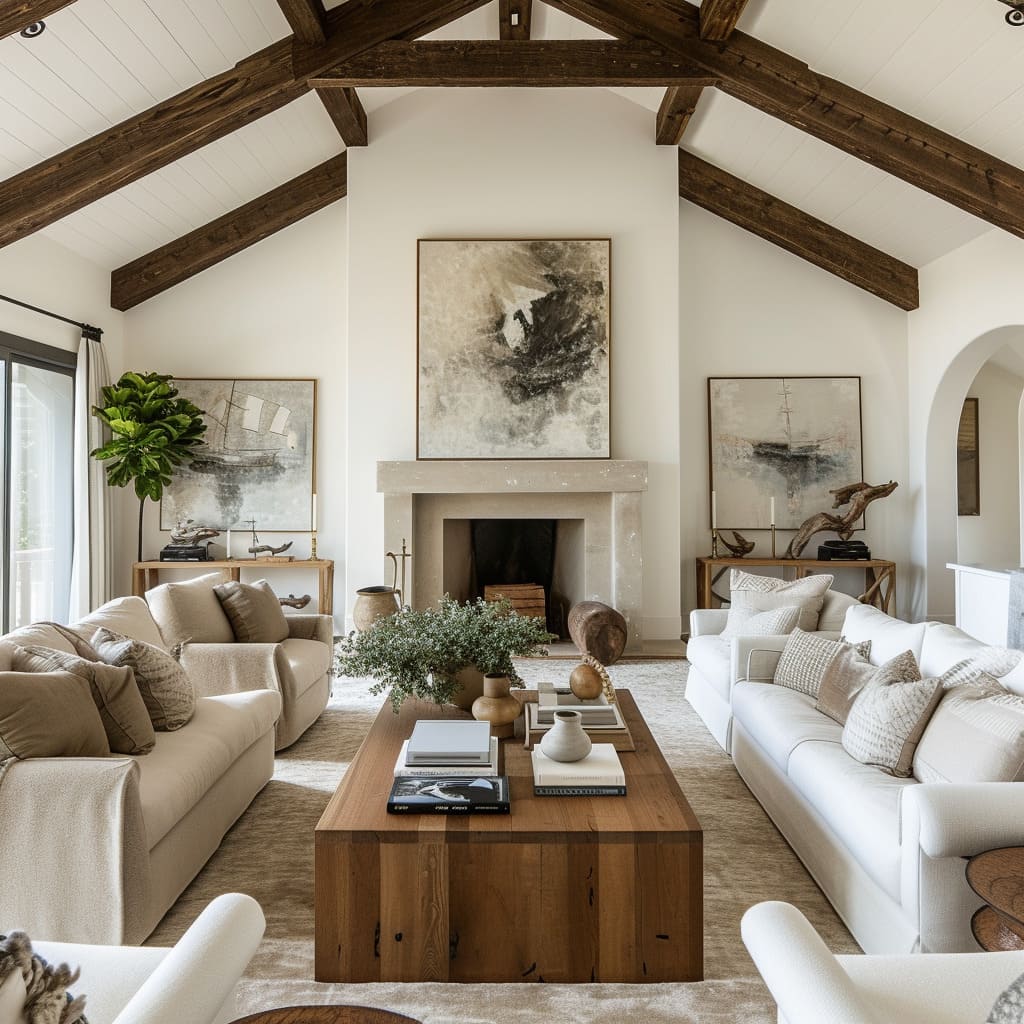 The textured plaster walls and stone accents create a serene space in the contemporary farmhouse living room
