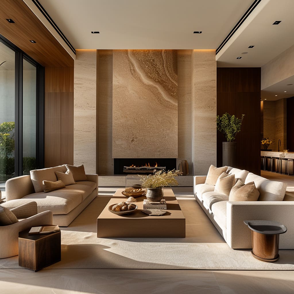 The timeless beauty of natural stone is a central theme in this modern living room