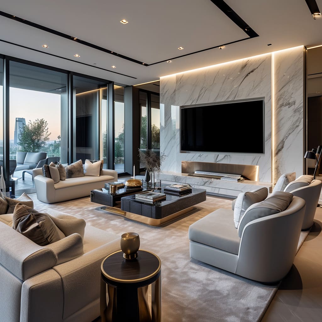 This amazing modern interior design combines technology and comfort, with a TV-centric focus and high-definition TV for a luxurious and stylish living room