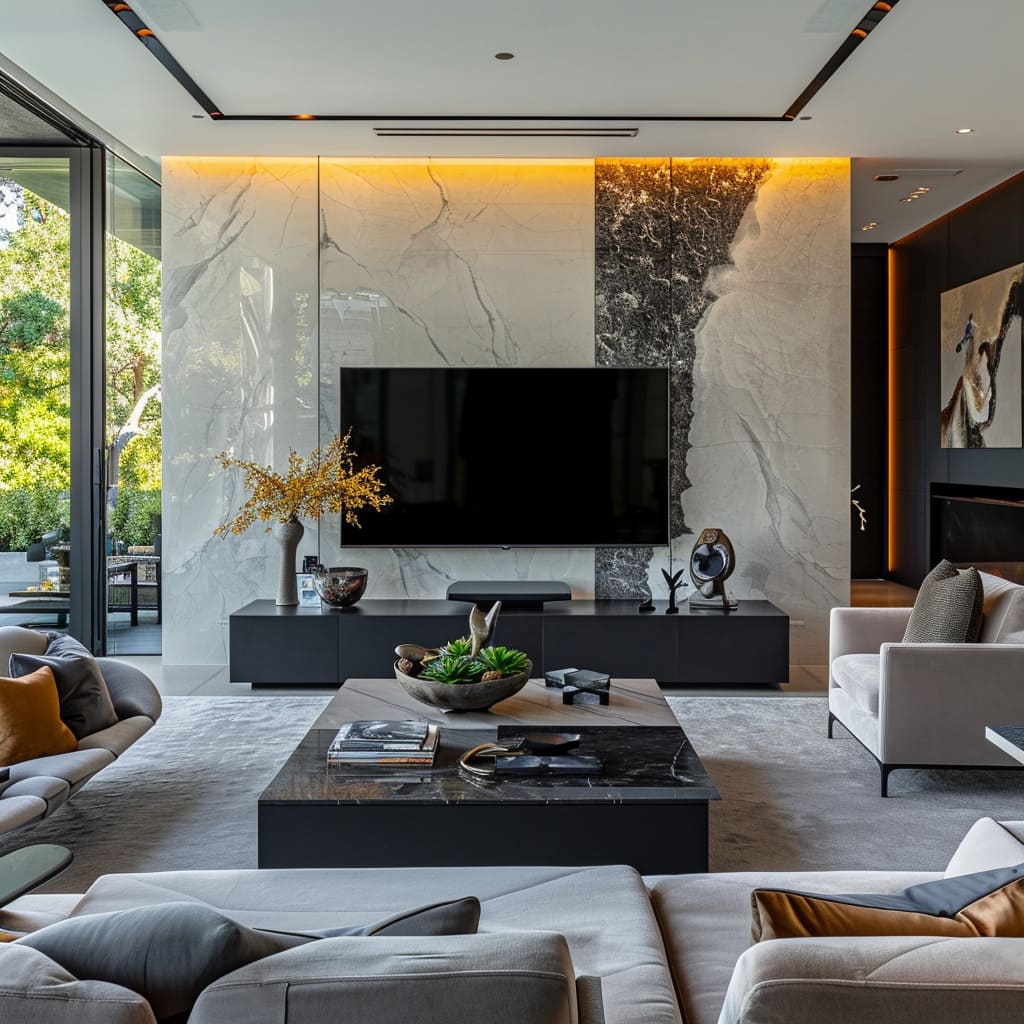 This contemporary living room with a TV-centric design boasts a modern interior filled with luxurious throws and plush fabrics