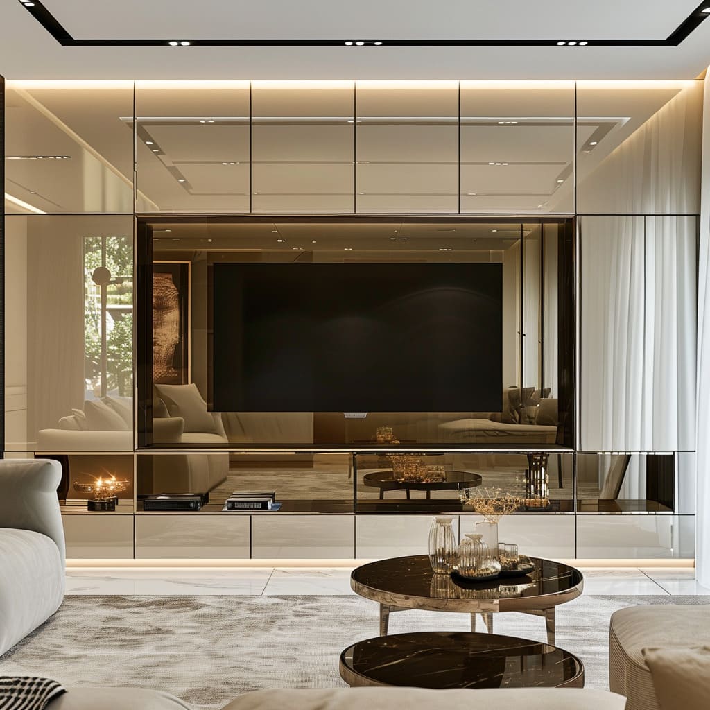This designer TV wall unit seamlessly blends luxurious environments with organic grain patterns