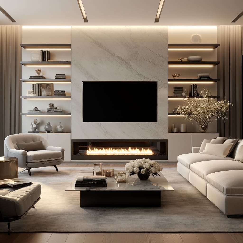 This family room's designer TV wall unit combines timeless beauty with unique marble panels