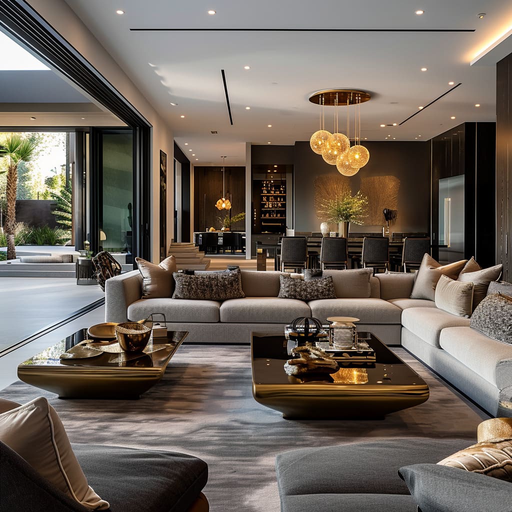 This living room design seamlessly blends elegance and sophistication