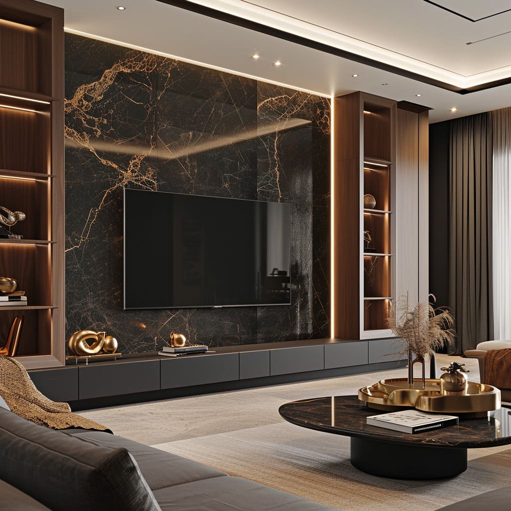 This living room's sophistication is elevated by architectural features and craftsmanship