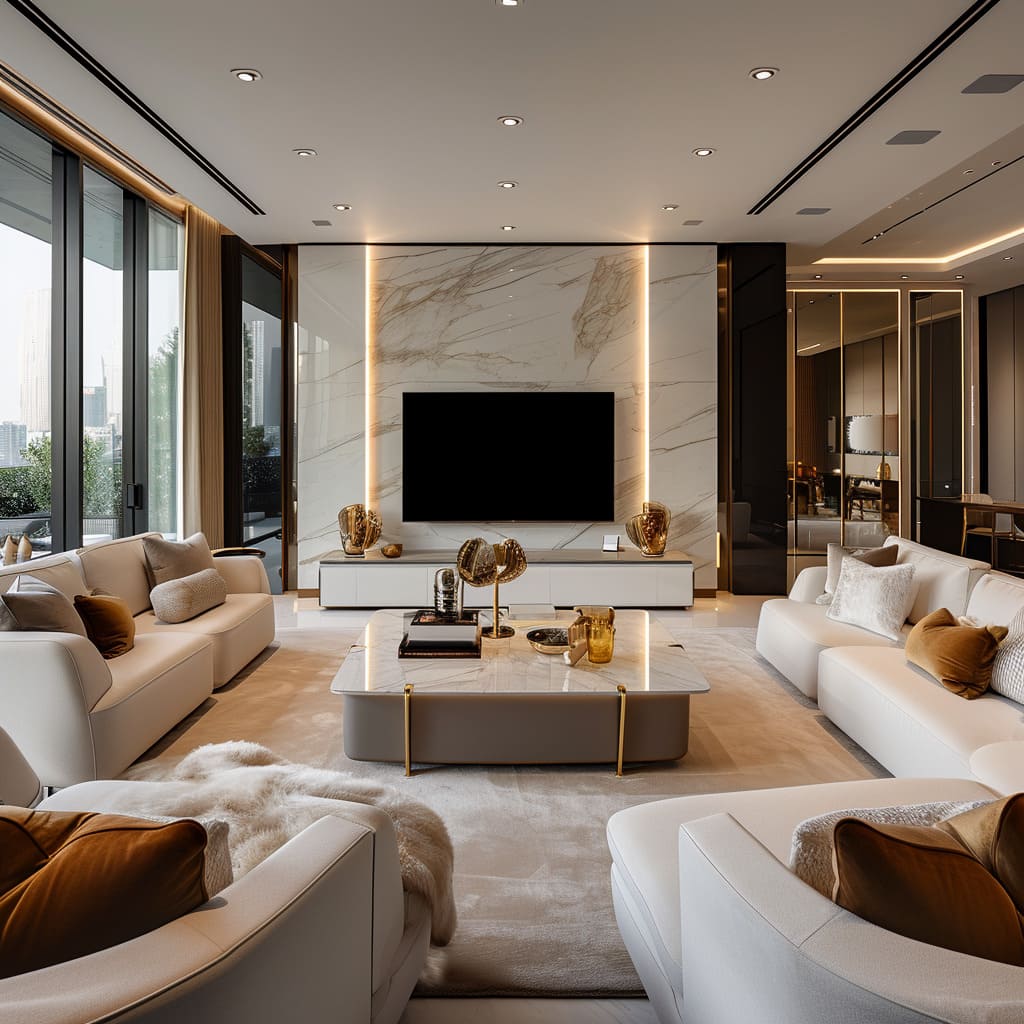 This modern entertainment room features a TV wall design with marble accents