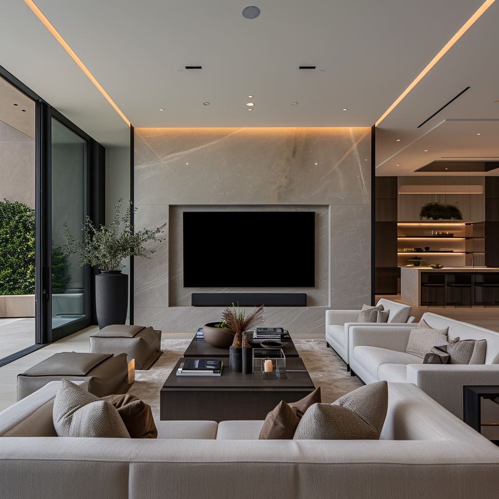 This modern family room, with a TV wall design at its heart, provides entertainment hubs and spacious layouts for viewer comfort and a harmonious interior