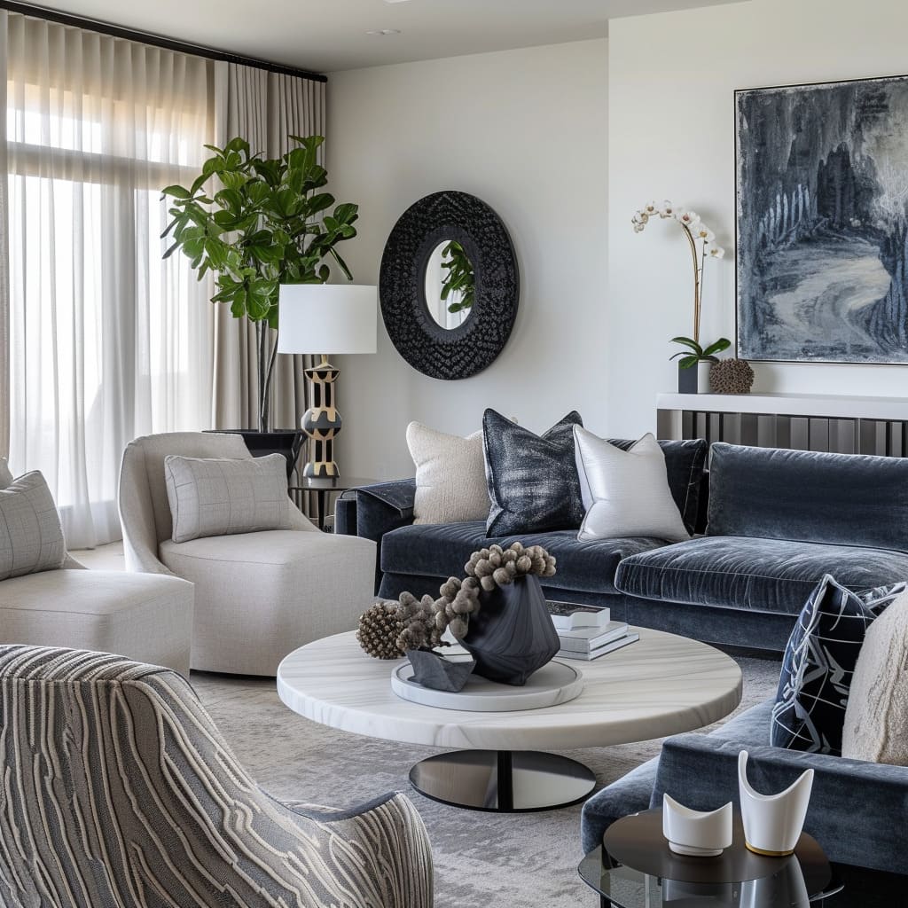 This modern living room with shades of grey, beige, and cream as a backdrop tastefully adds accent colors through throw pillows and artwork