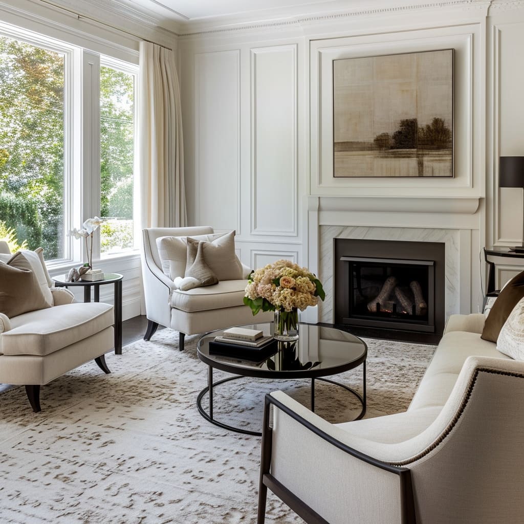 This spacious living space showcases the versatility of a sophisticated color palette, elevating the design to a new level of elegance and timeless appeal