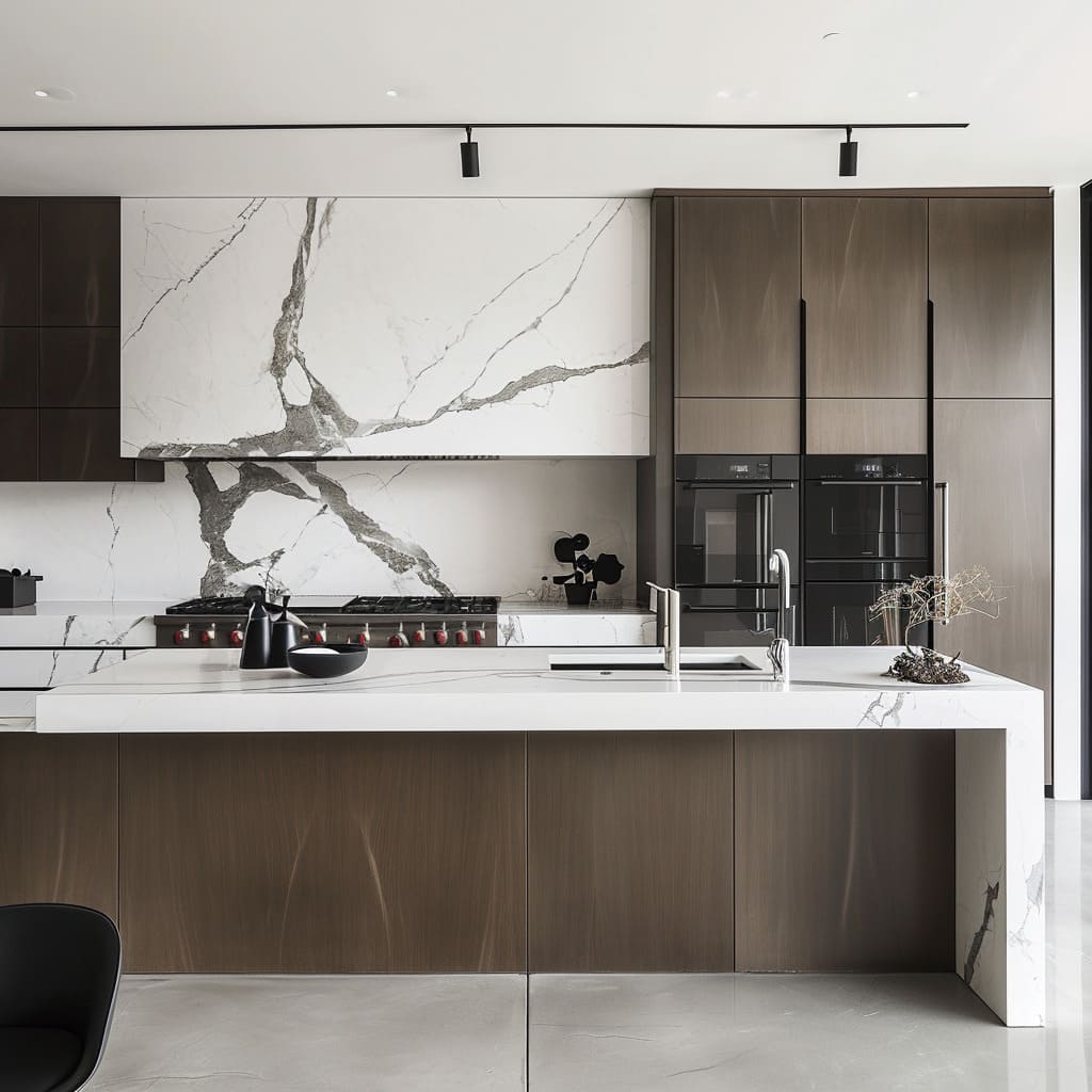 Underfloor heating adds comfort and warmth to the sleek design of this luxury kitchen