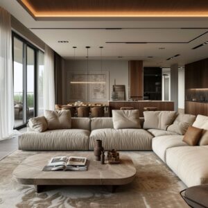 Understated chic prevails in this serene interior, defined by its spaciousness and modern minimalism.