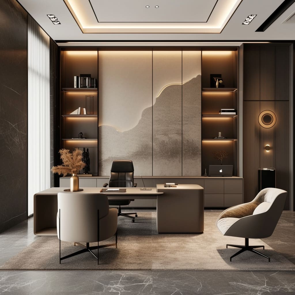 Unique custom office cabinetry and marble flooring exemplify high-end materials