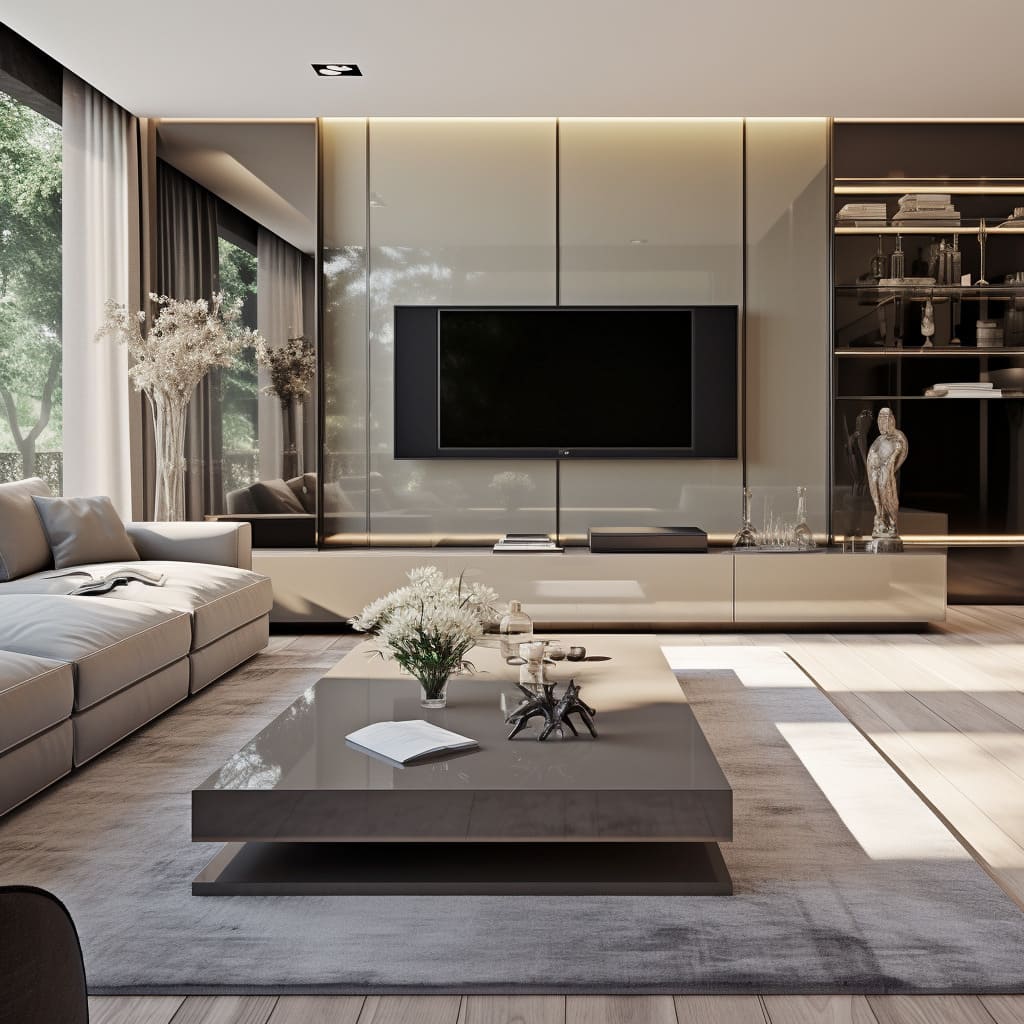 With electronic screens and ambient lighting, this living room is perfect for entertainment