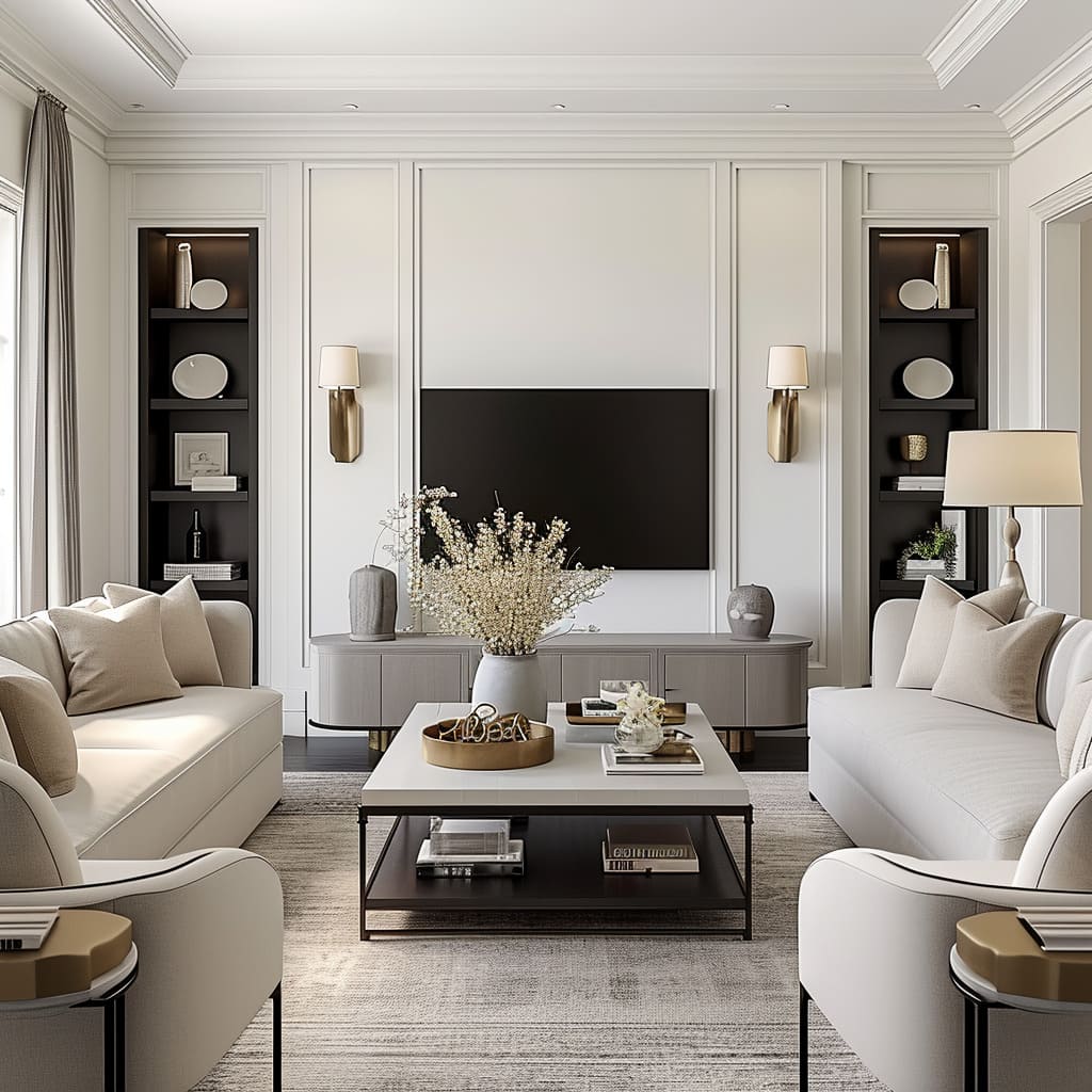 Wood tones bring warmth to the streamlined silhouettes of the furniture in the family room