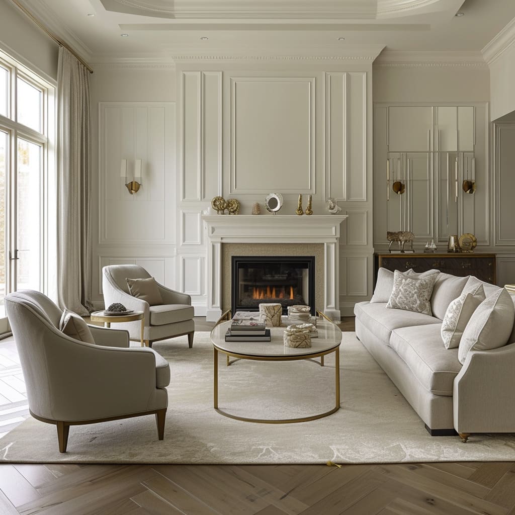 A classical living room boasts elegant furnishings and plush cushions for comfort underfoot