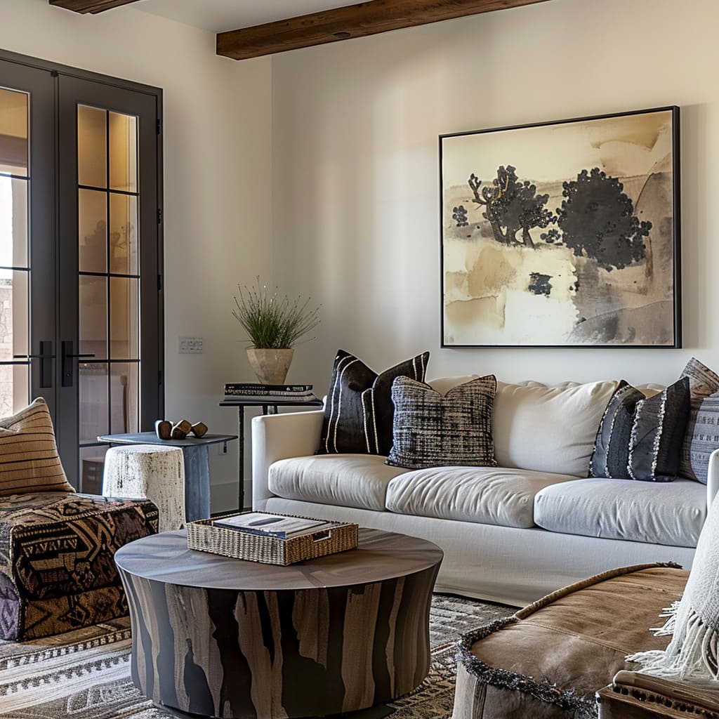 A family room with farmhouse-inspired interior styling and timeless charm.