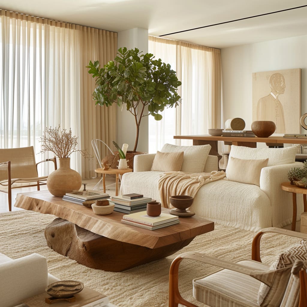 A mix of textured upholstery and plush seating creates a cozy ambiance
