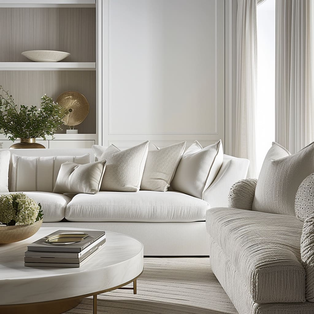A modern classic living room features architectural simplicity and coordinated decor with polished finishes