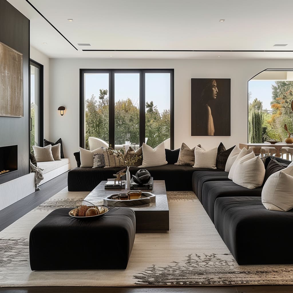 A monochrome living room showcases a leather ottoman for a touch of sophistication