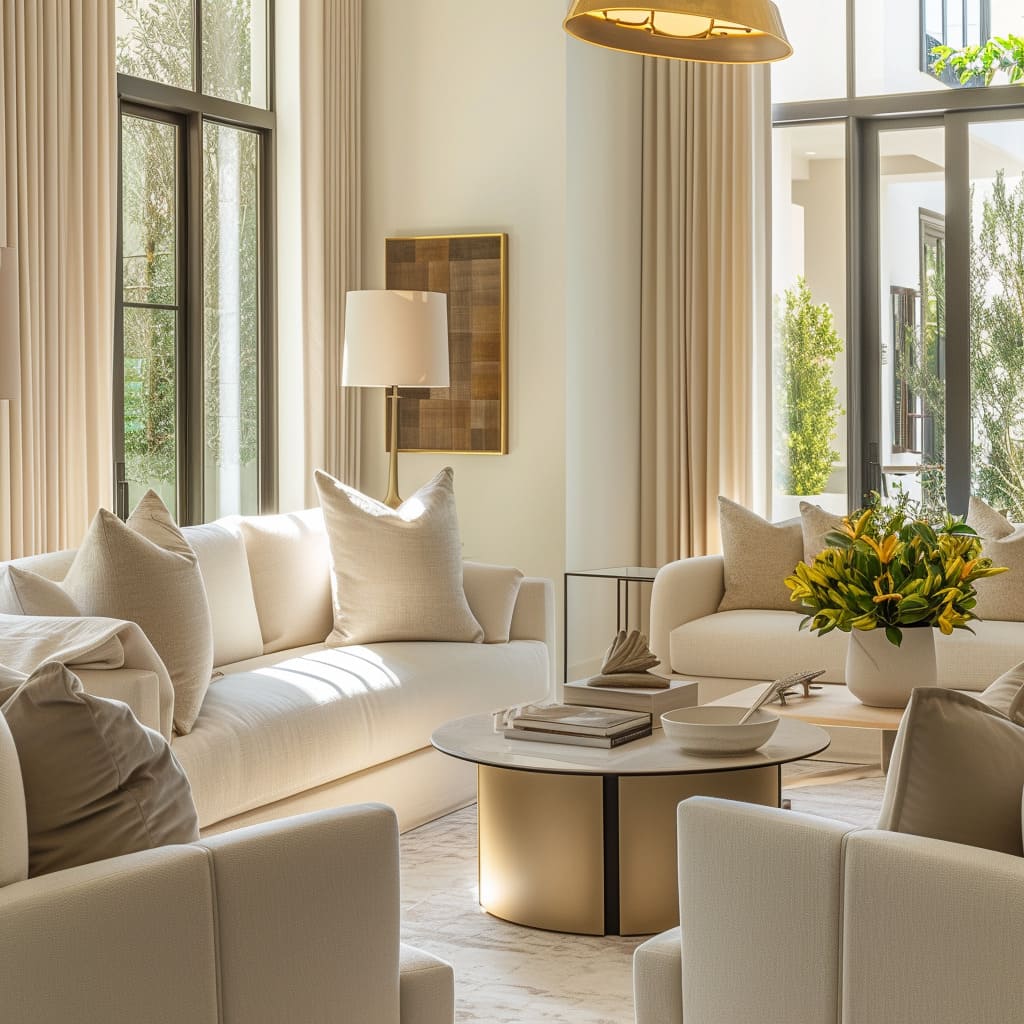 A tranquil atmosphere is achieved through the soothing combination of linen fabrics and calming colors