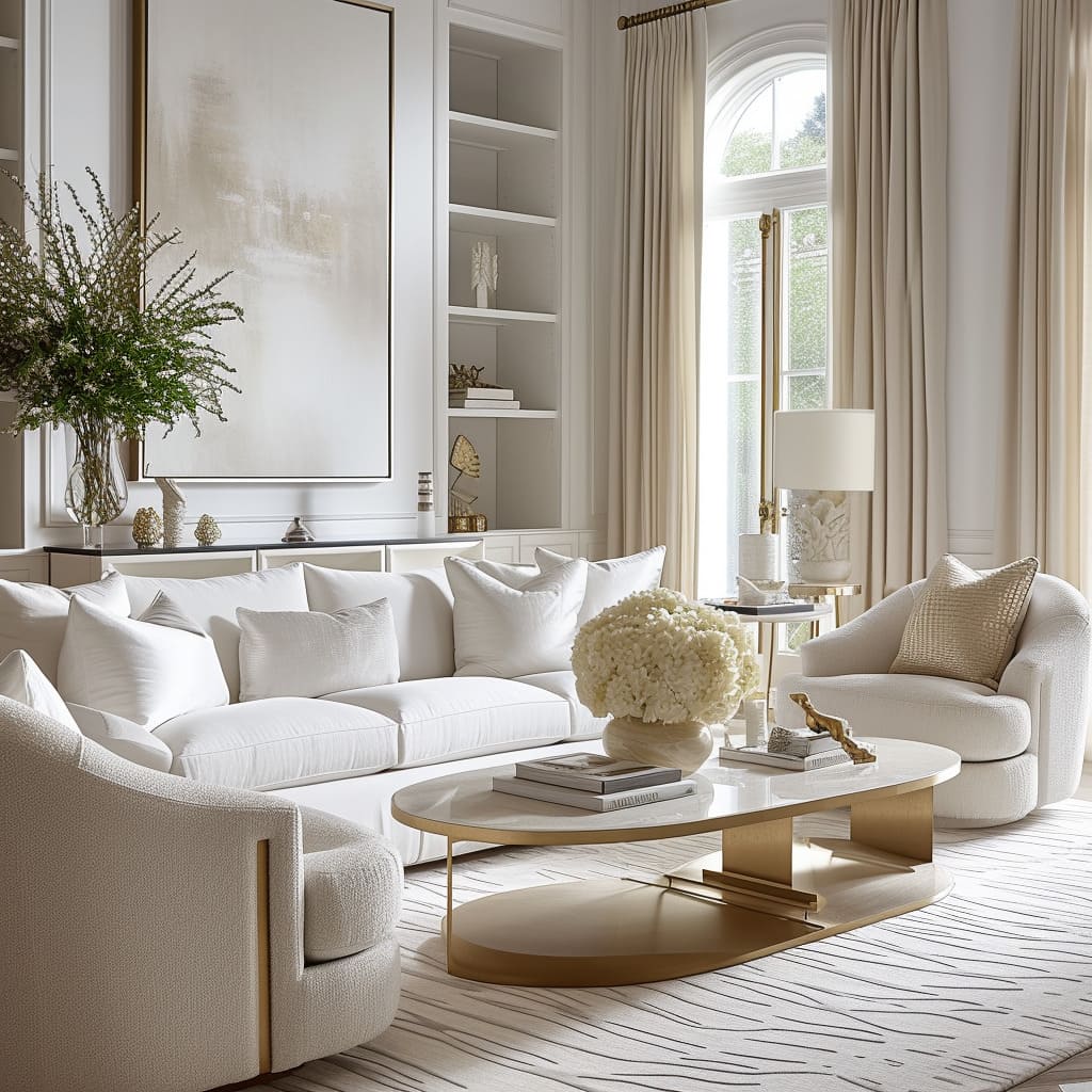 An architectural simplicity in the design of a contemporary classic living room results in a calm and balanced atmosphere