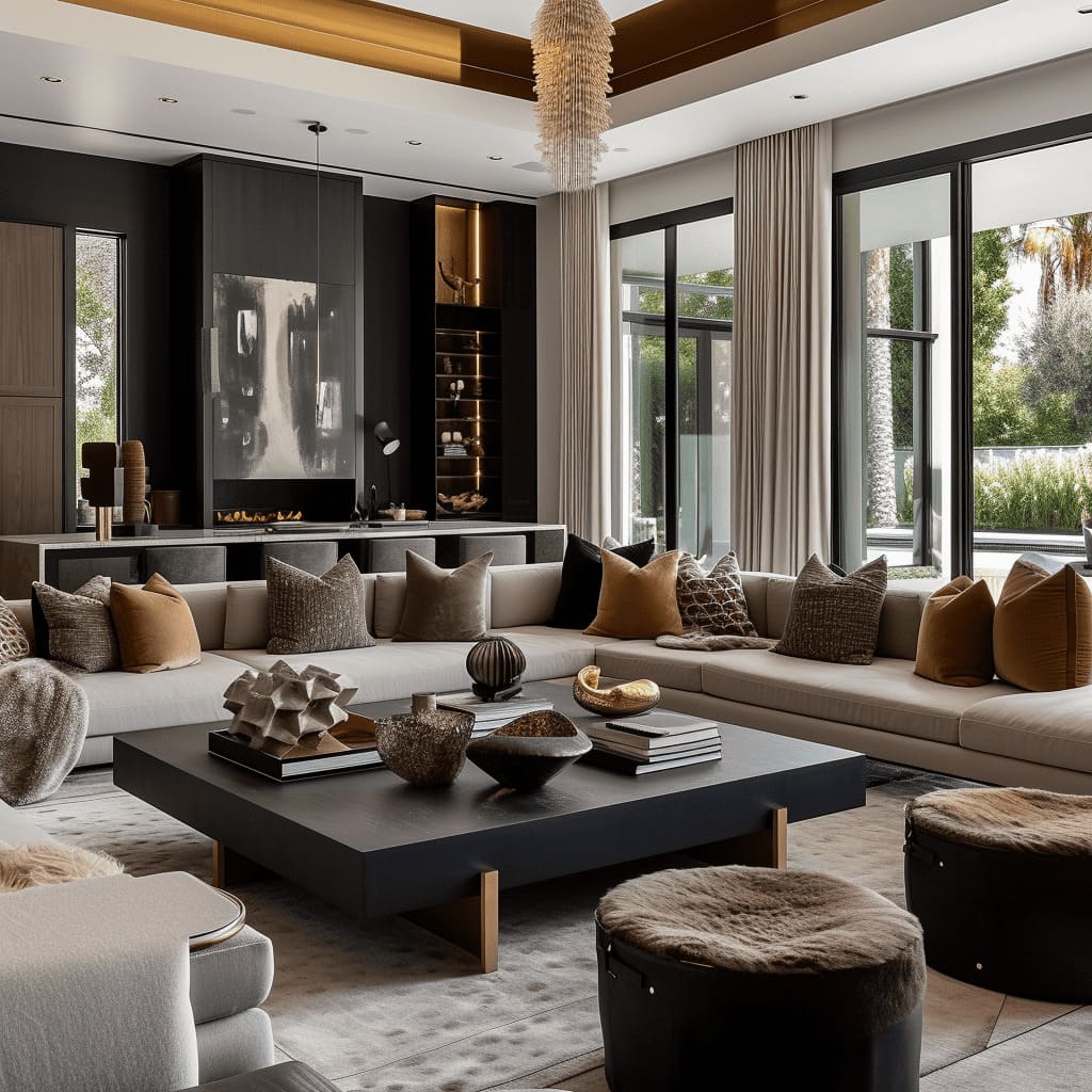 An elegant color palette of neutral tones imparts a timeless ambiance to the modern luxury living room
