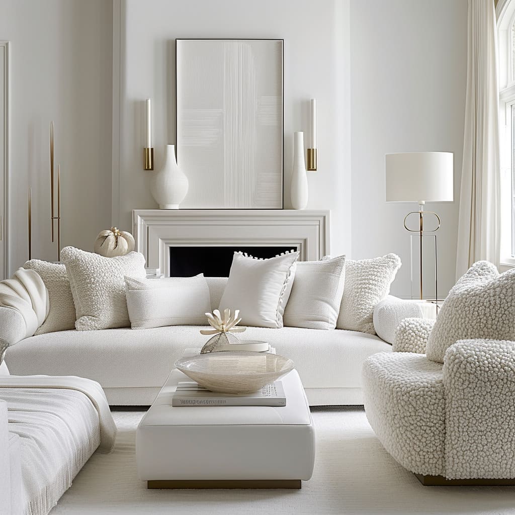 An elegant living room boasts white interiors and beige tones for a timeless design