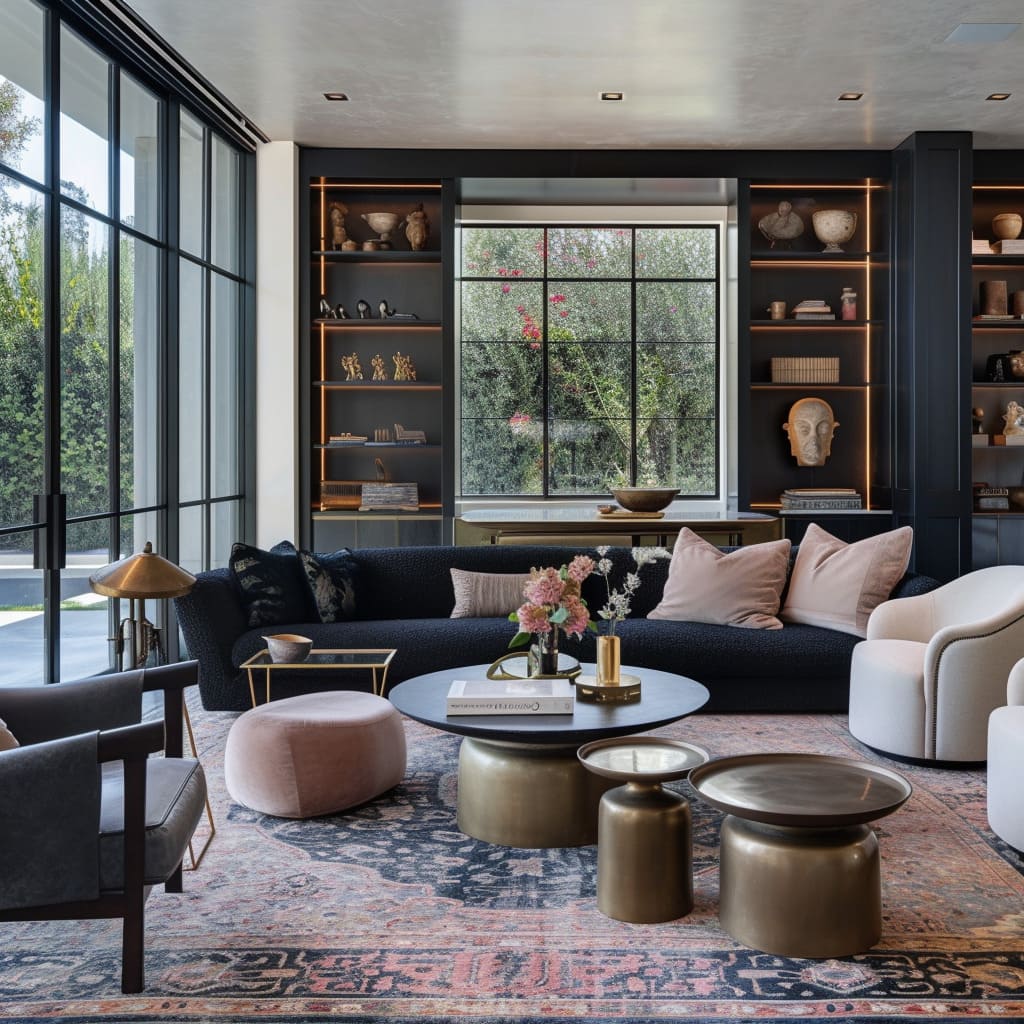 An elegant living room interior design features plush furniture upholstered in velvet texture and boucle fabric