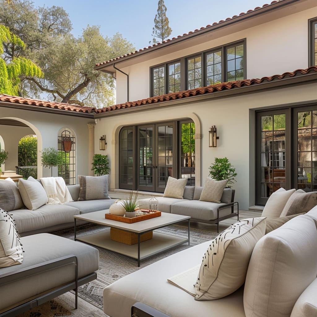 Area rugs and wood frames create a sense of design harmony in the exterior space